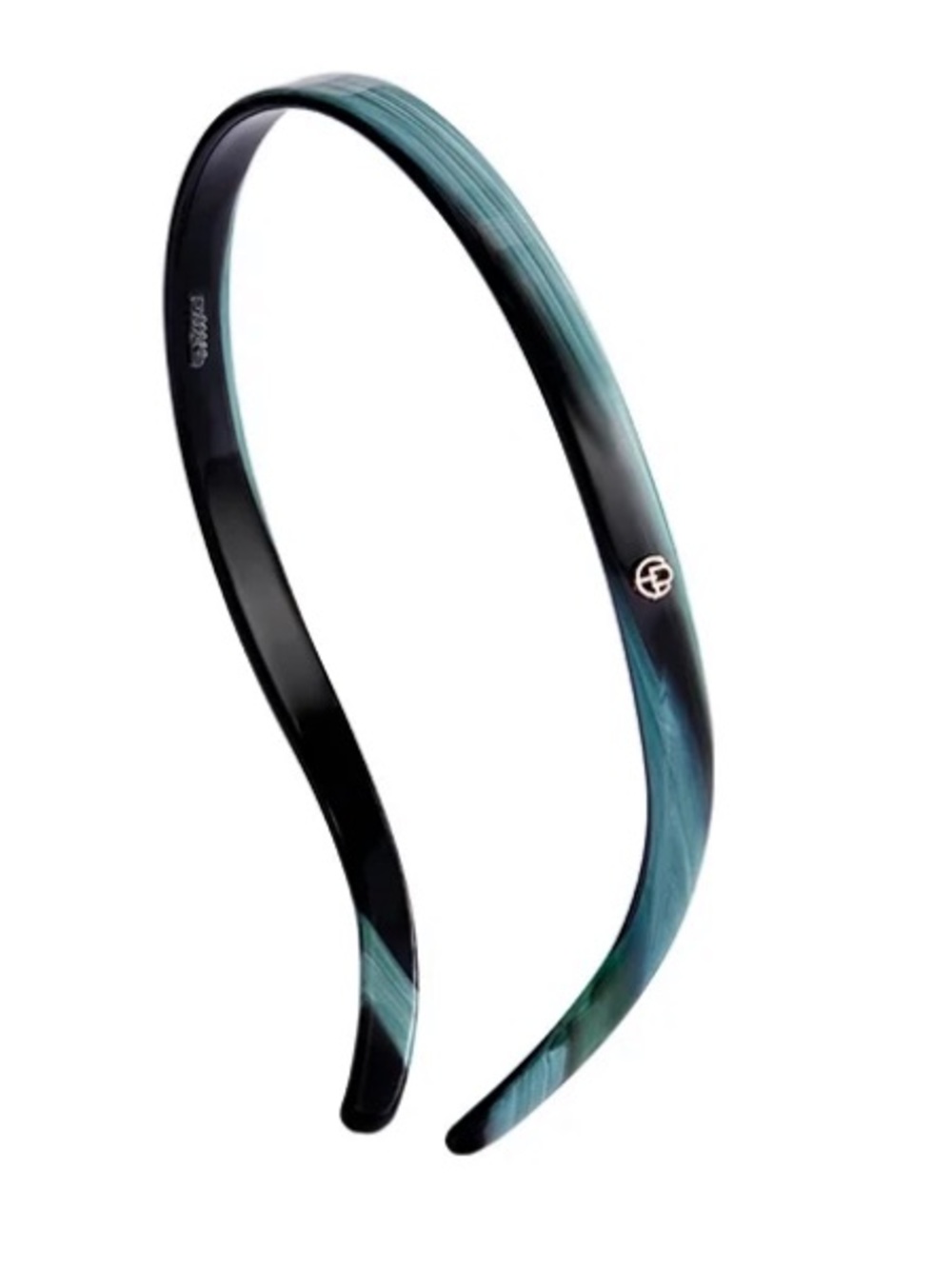 EVITA PERONI Teal Marble Acetate Headband with Gold Logo Accent.